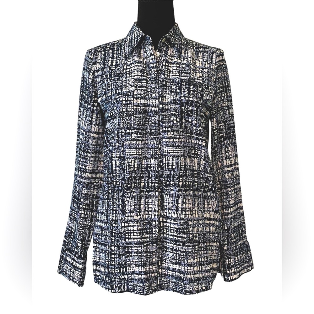 ESCADA Size EU 32/ US 2 100% Silk‎ Blue/White Abstract Blouse Made In Germany
